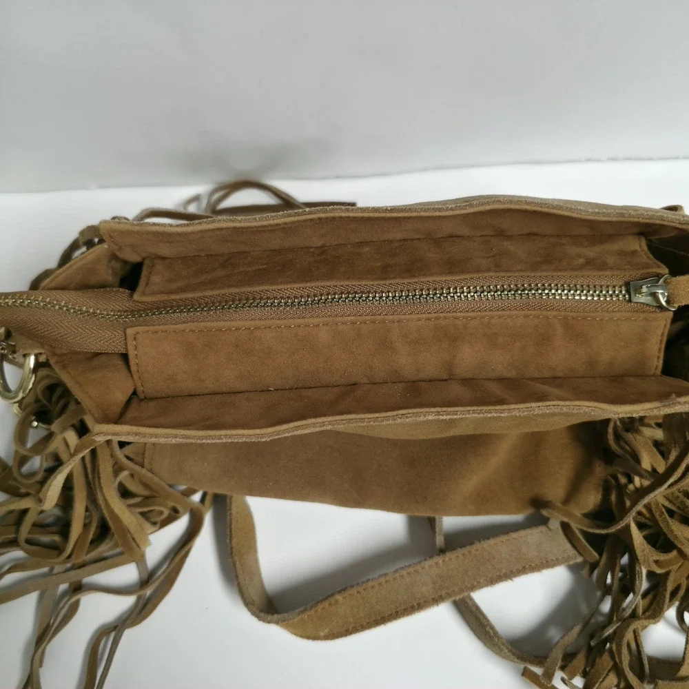 Mossimo Crossbody Suede Leather Fringe Tan Hippie Western Womens Bag Purse